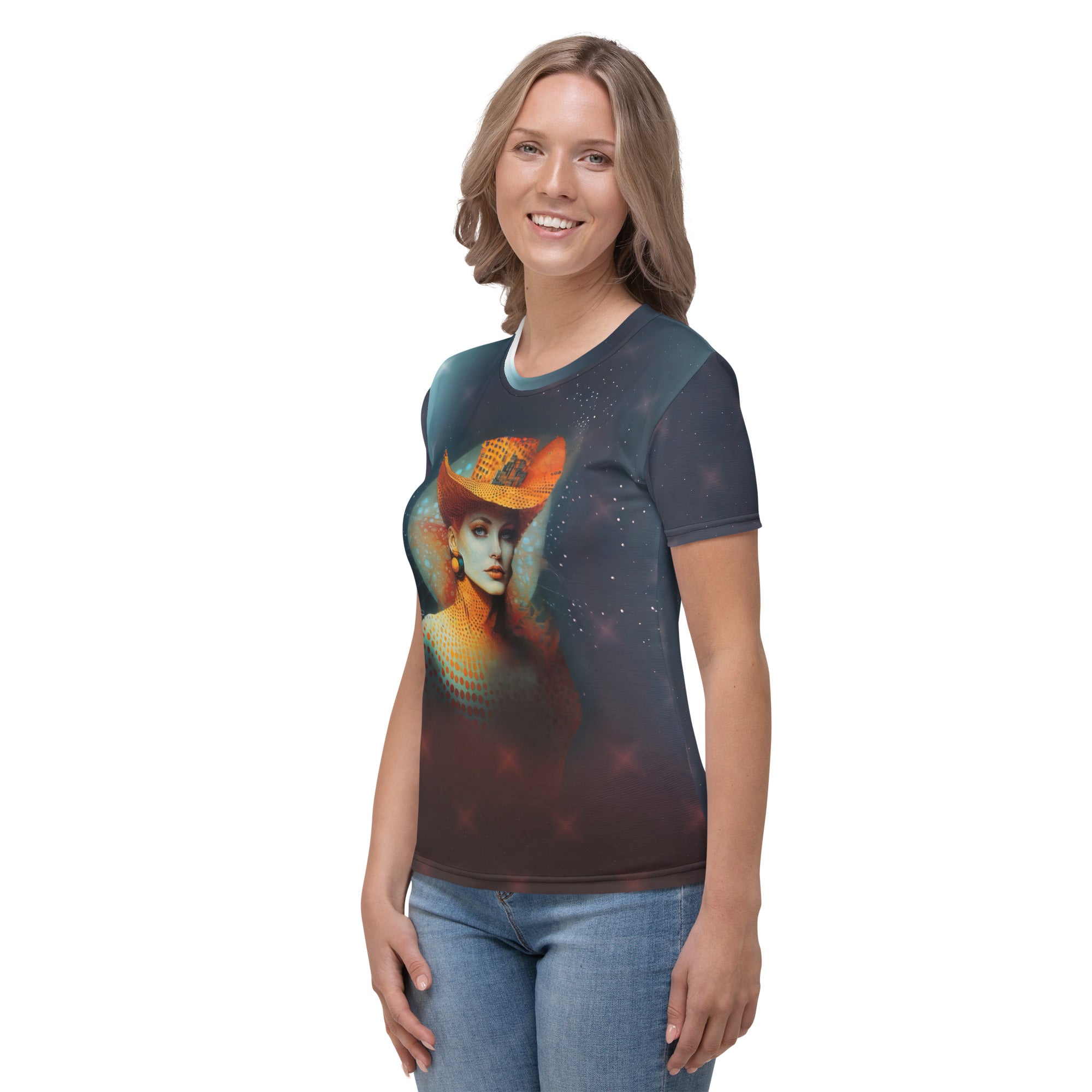 Galactic Fusion Women's Crew Neck T-Shirt - Model Wearing the Shirt