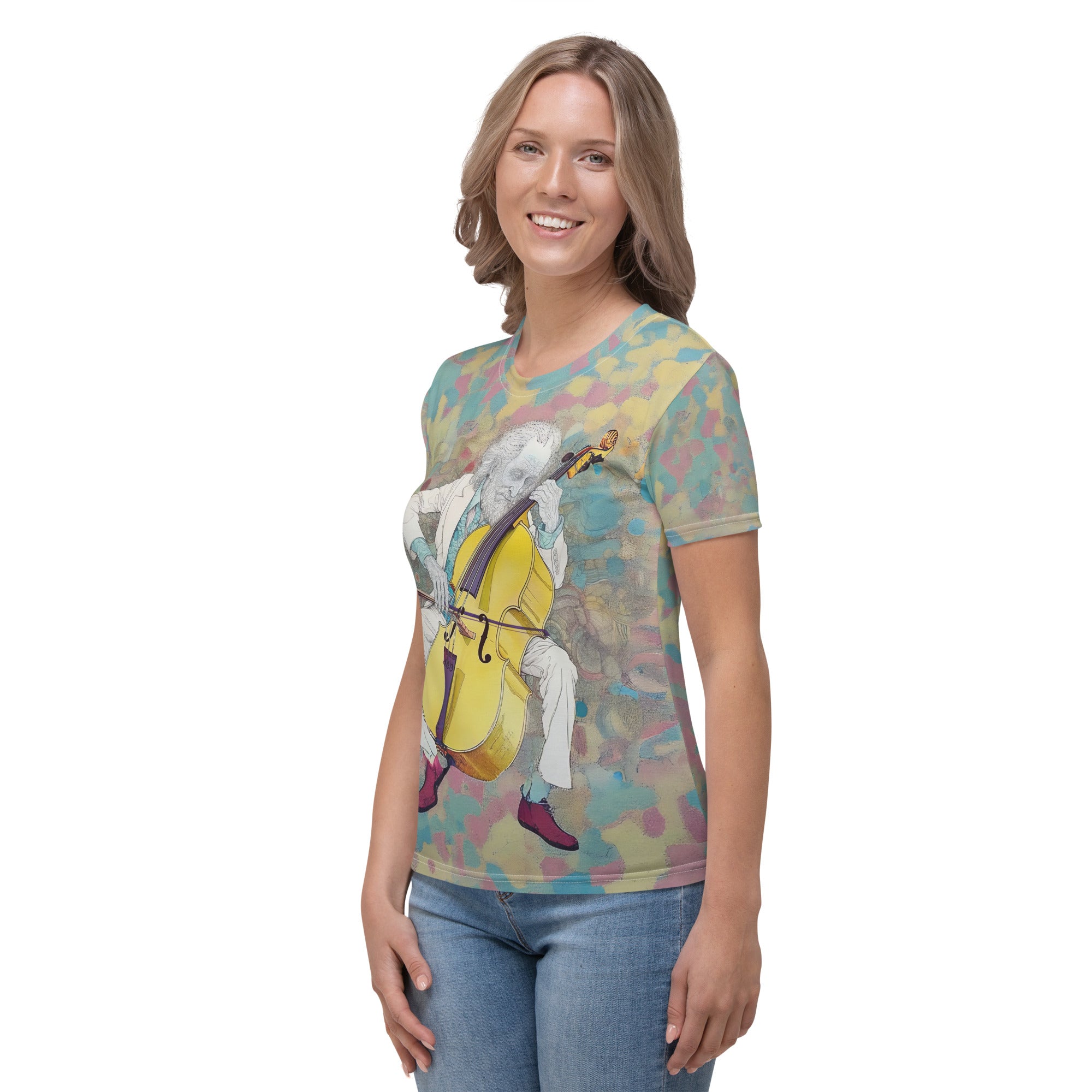 Beat Symphony women's crew neck t-shirt on model in urban setting.