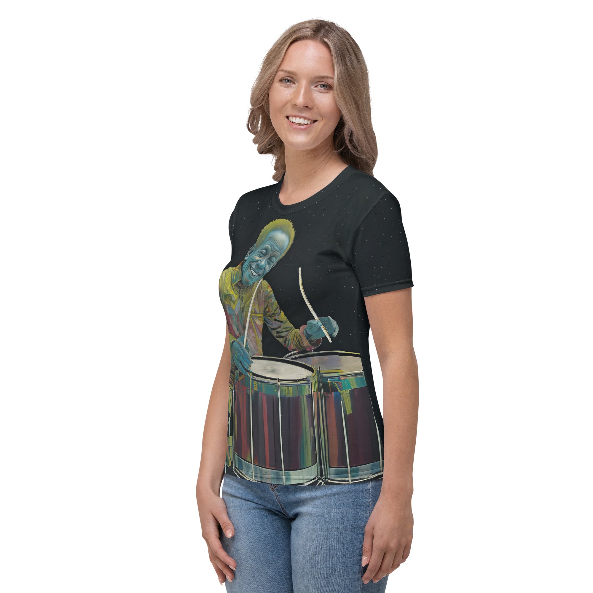 Woman wearing Sonic Flow crew neck t-shirt in casual setting.