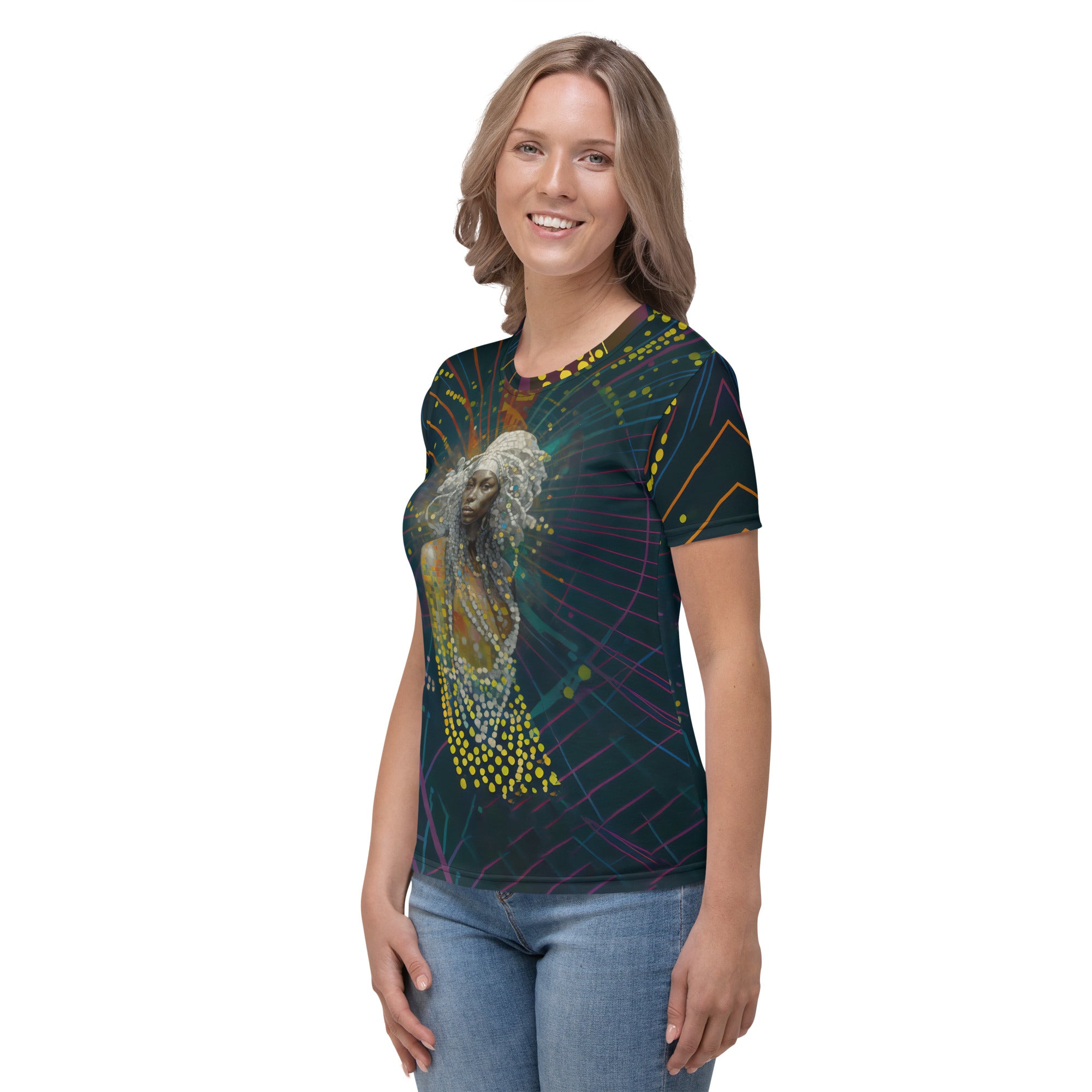 Cosmic pattern women's tee, perfect for casual outings.