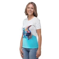 Women's crew neck T-shirt featuring Ethereal Peacock Splendor pattern.