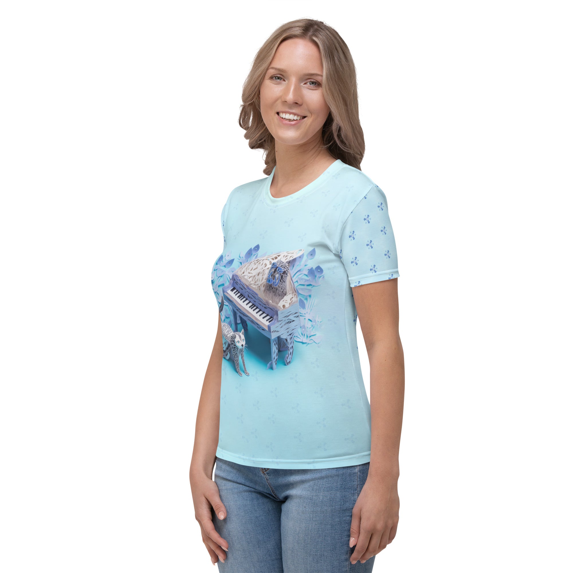 Cosmic-inspired Stellar Starfield Symphony women's T-shirt.