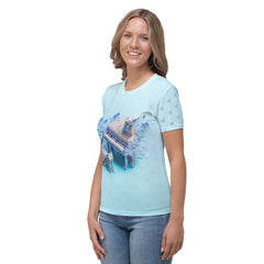 Cosmic-inspired Stellar Starfield Symphony women's T-shirt.