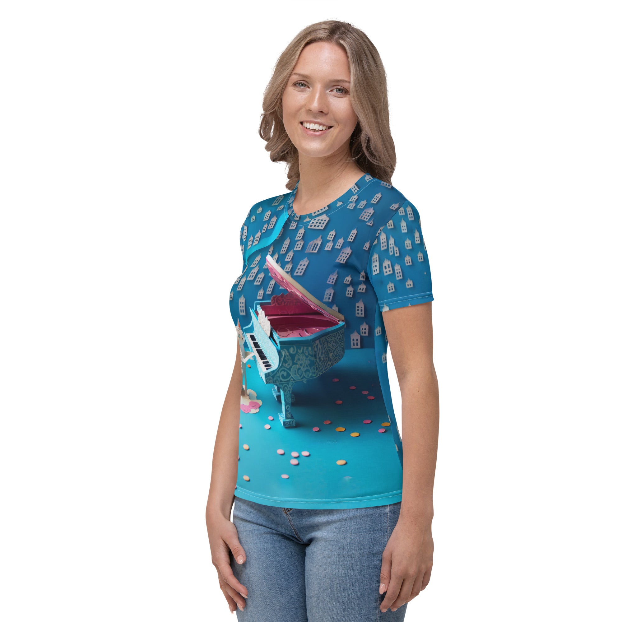 Elegant Feline Grace Under Moon women's crew neck T-shirt.