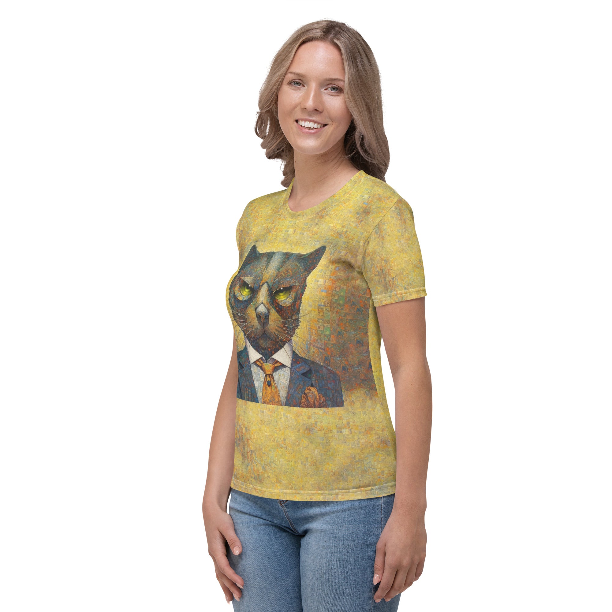 Woman wearing Feline Frenzy cat print crewneck t-shirt