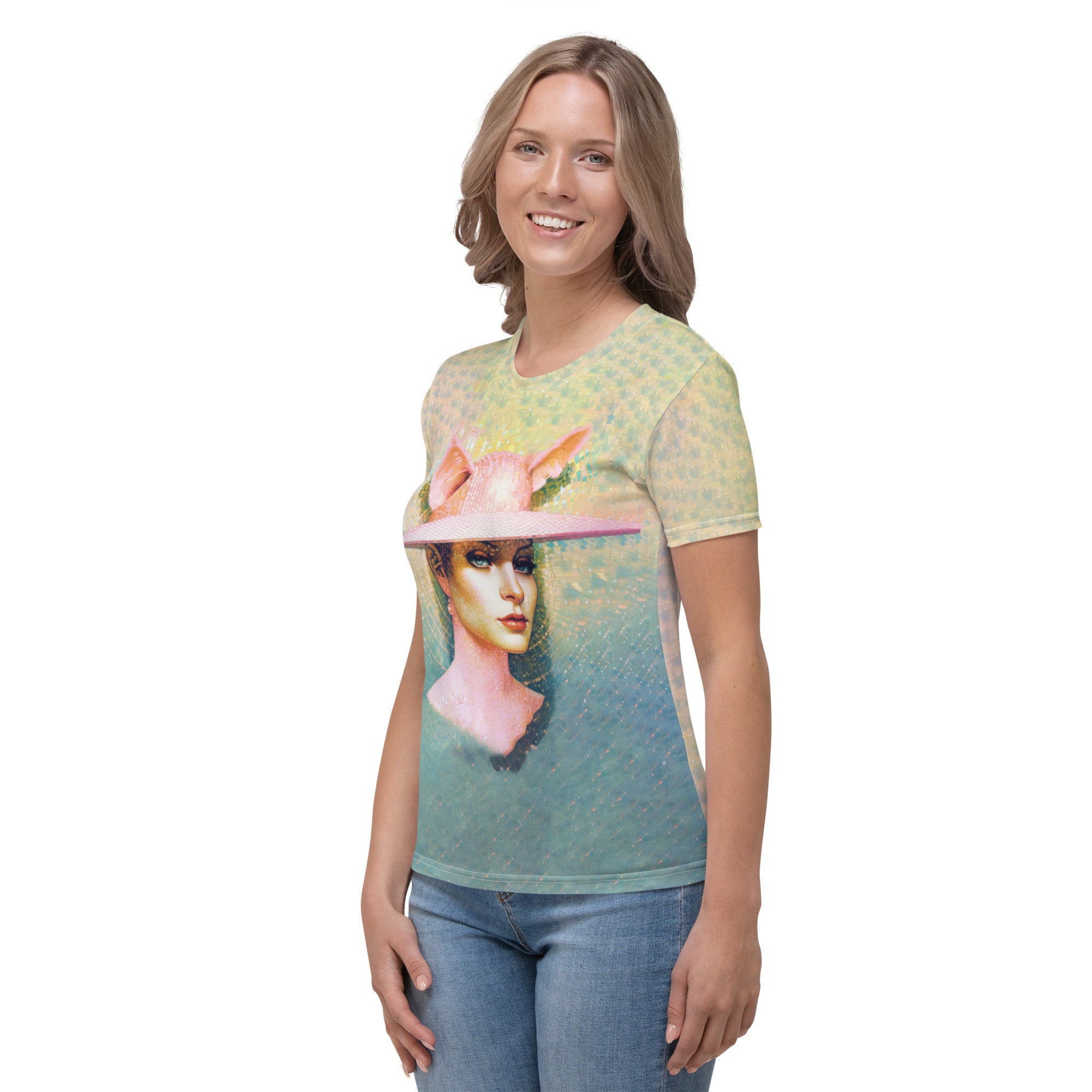 Hopping Happiness printed tee for women in casual setting.