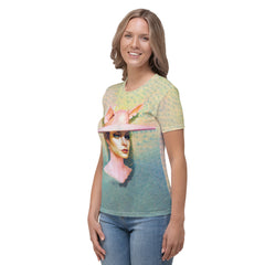 Hopping Happiness printed tee for women in casual setting.