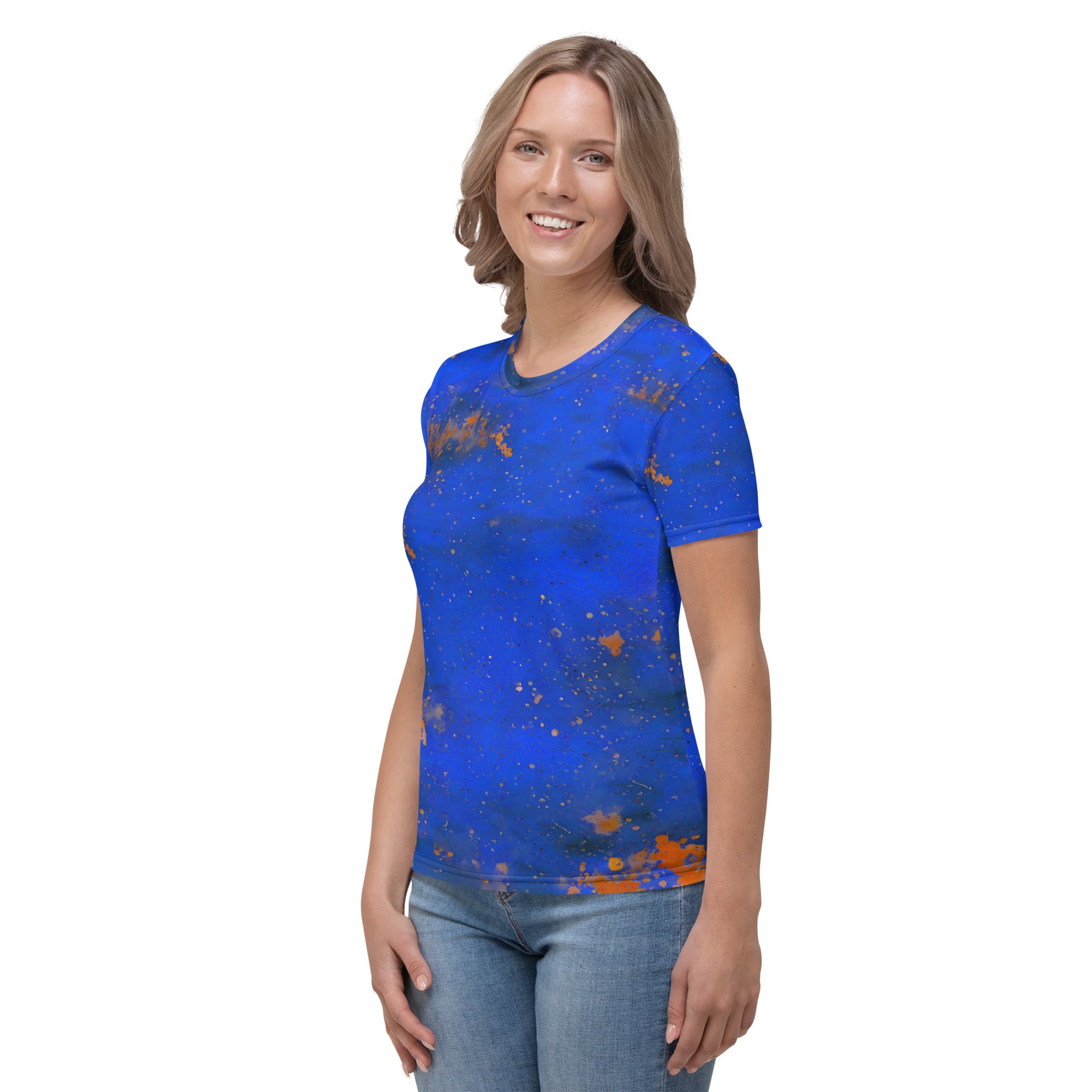 Artistic paint splashes on women's crew neck shirt.