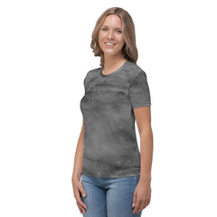 Casual earthy grass stains on women's crew neck shirt.