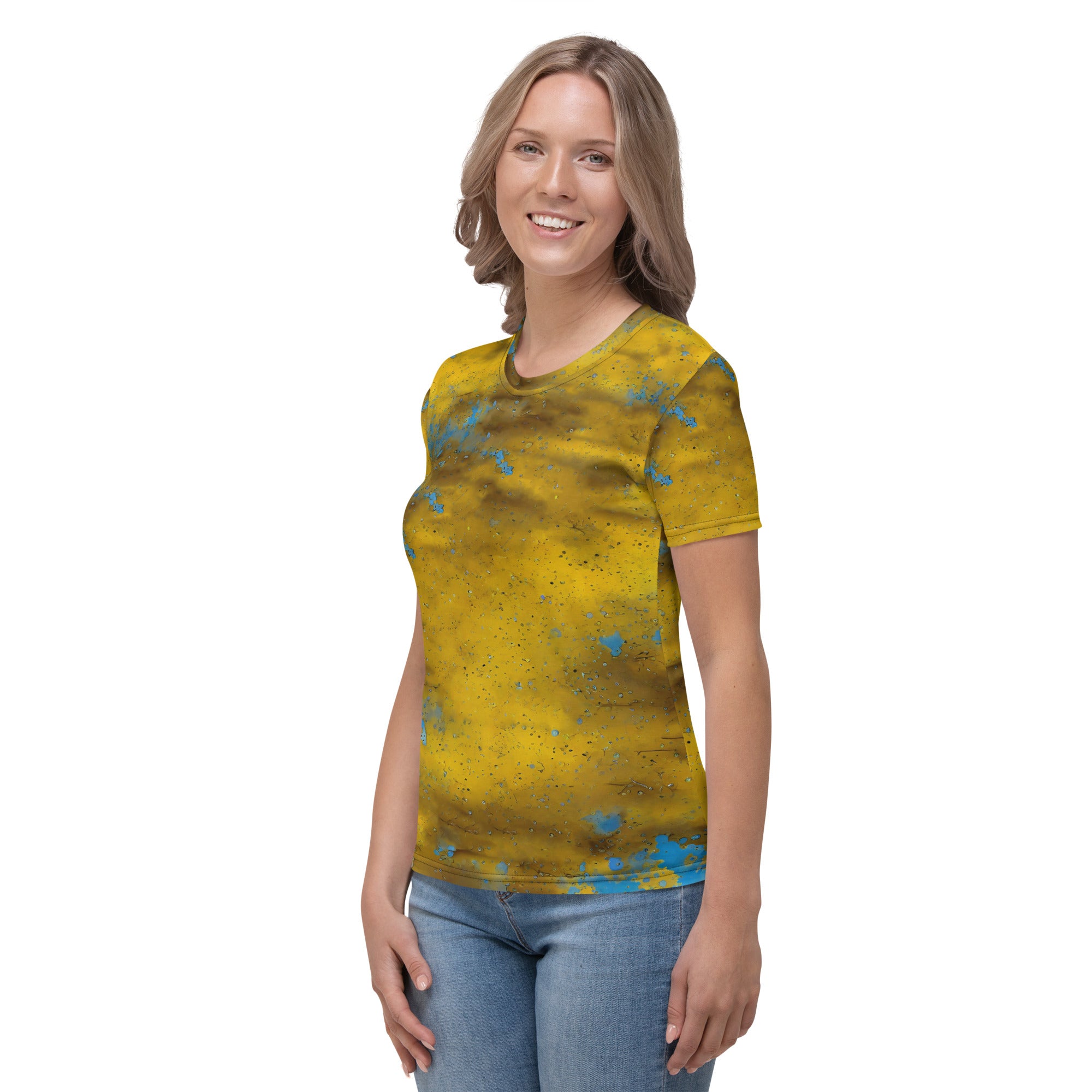 Playful grass stain pattern on women's casual tee.