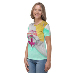 Elegant Peaceful Warrior print on women's crew neck shirt.