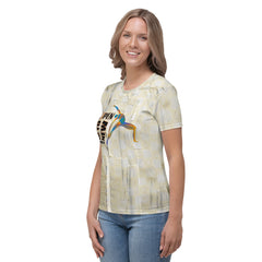 Elegant Blissful Bridge pattern on women's crew neck shirt.