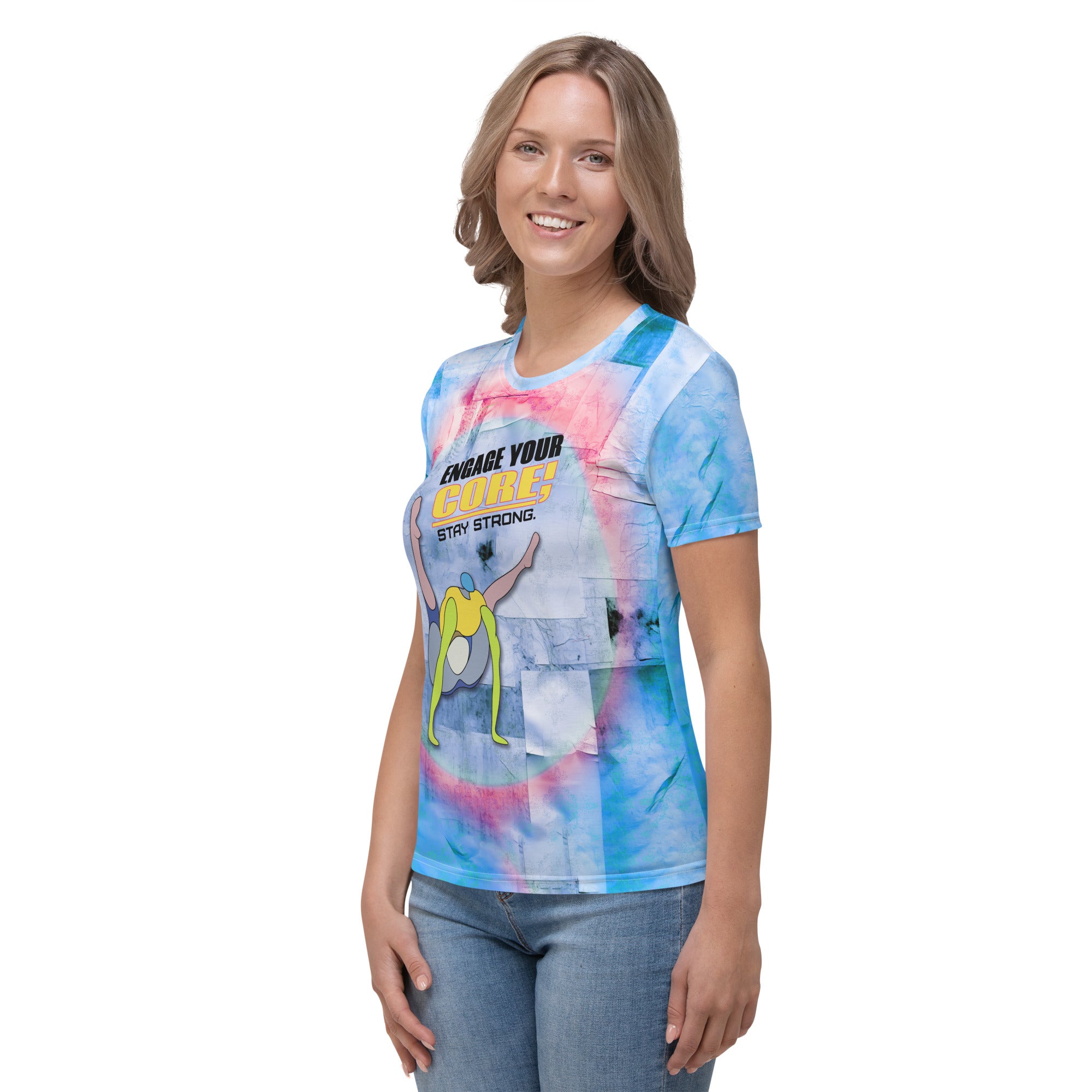 Energetic Downward Dog print on women's crew neck shirt.