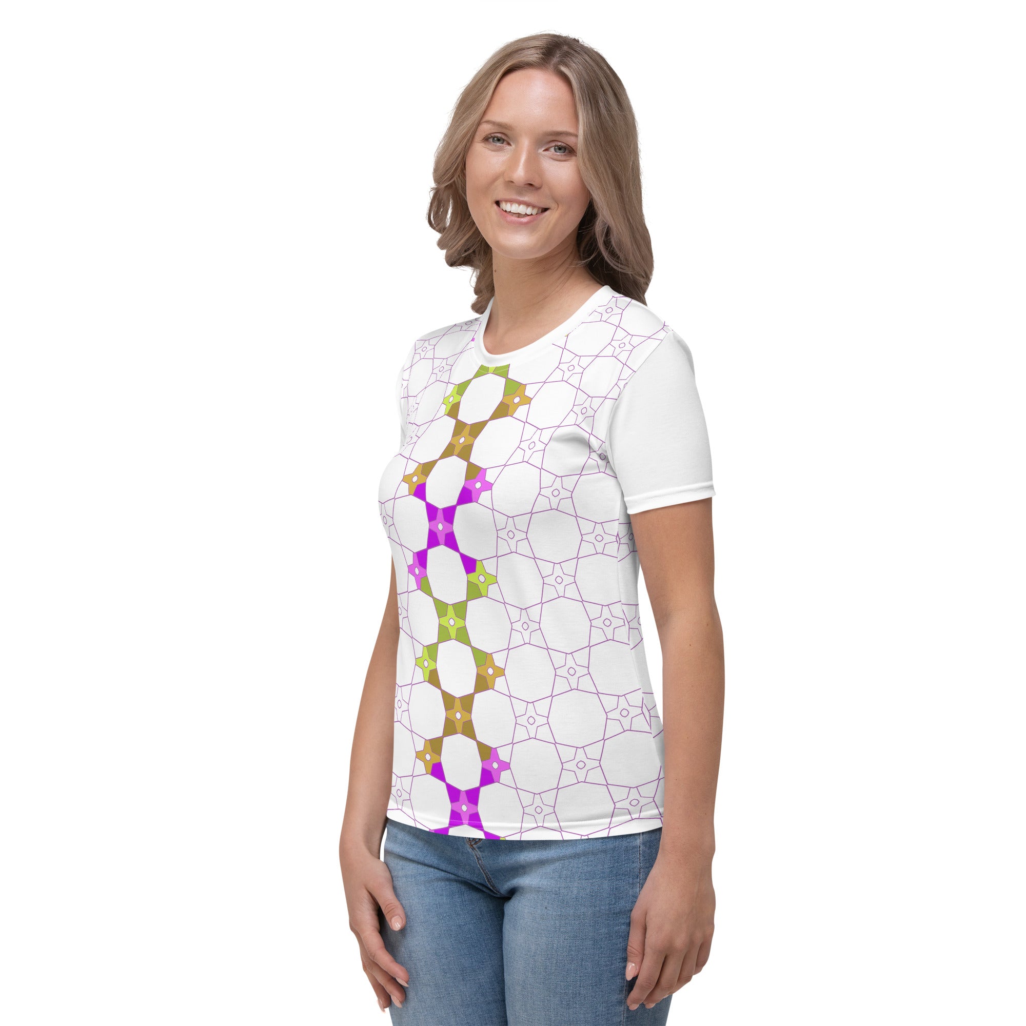 Colorful mandala design on women's crewneck tee