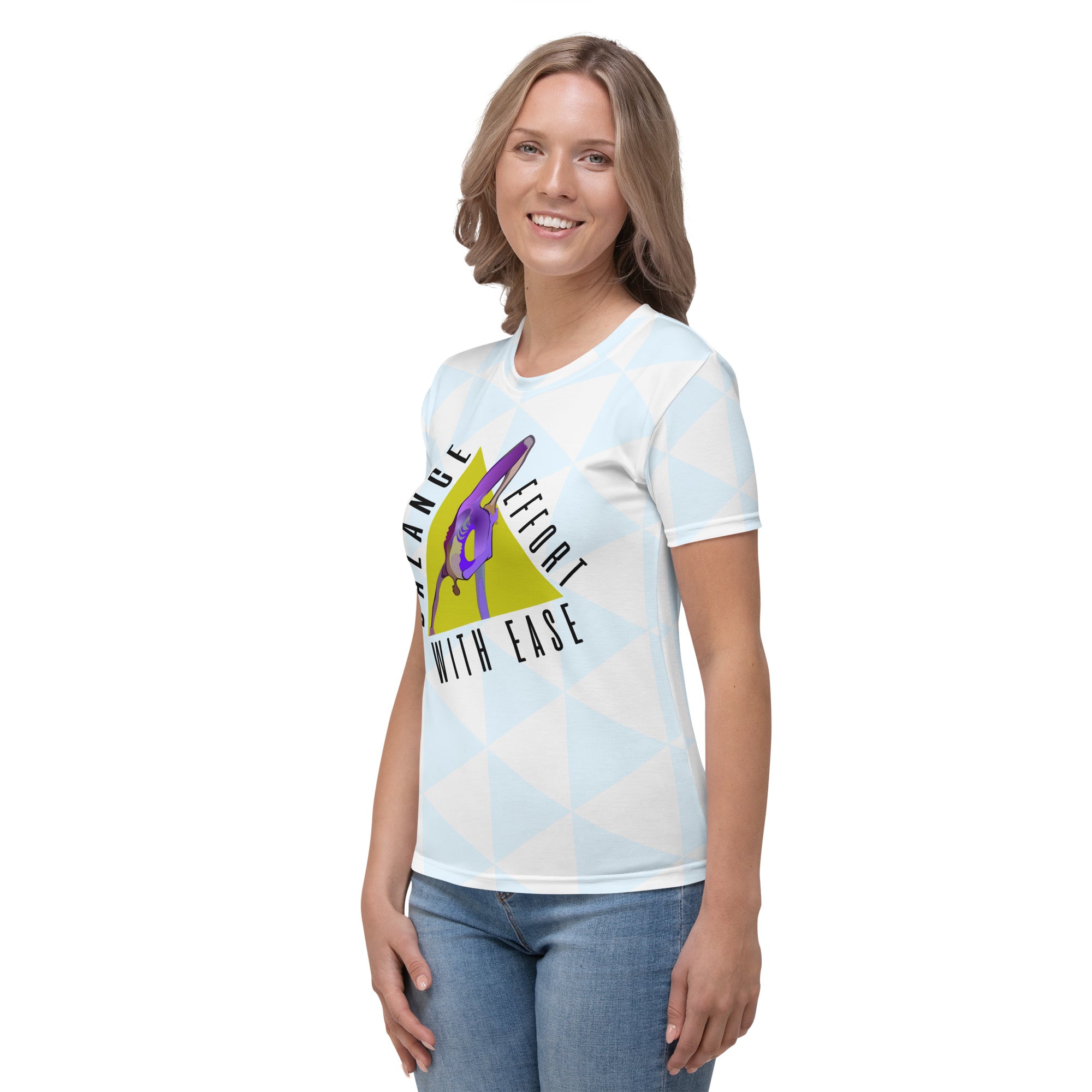 Woman wearing Eco Harmony eco-friendly crew neck t-shirt.