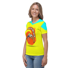 Women's stylish crew neck T-shirt in daylight.
