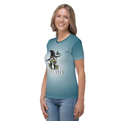 Model wearing Bewitched Broomstick Women's Crewneck Tee for Halloween