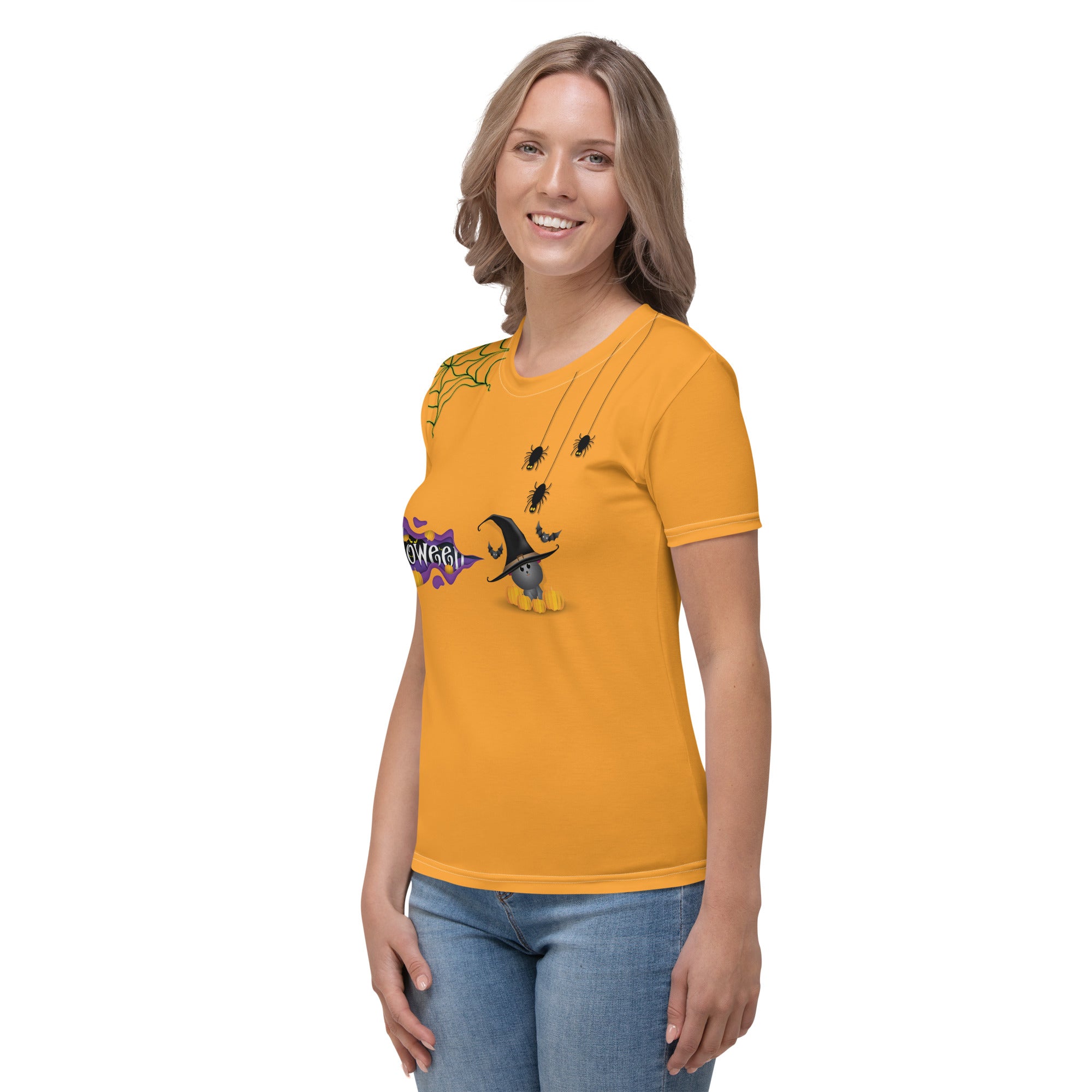 Side view of Jack O Lantern Joy Crewneck Tee in Halloween theme
