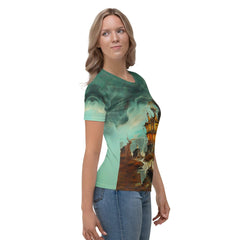 Step into the season of spook with a chic Pumpkin Parade crew neck Halloween tee for women.