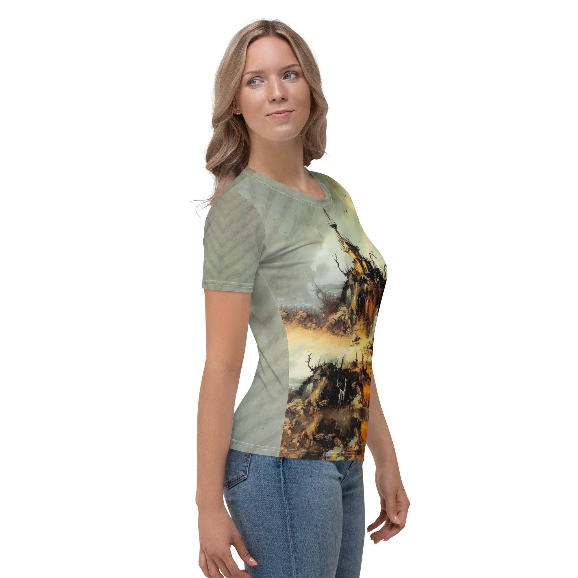 Chic Halloween style in a Haunted House Chic crew neck tee for women, celebrating spooky elegance.