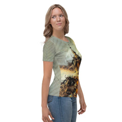 Chic Halloween style in a Haunted House Chic crew neck tee for women, celebrating spooky elegance.