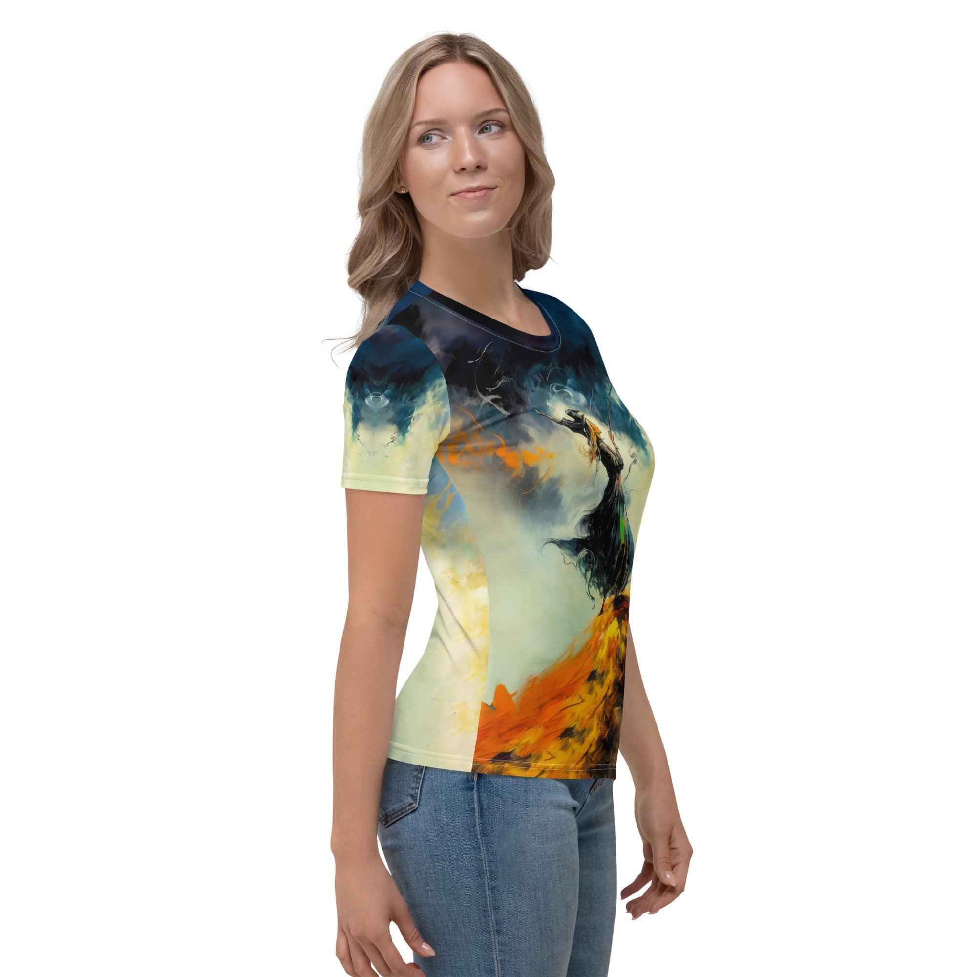 Stylish woman in a Mystic Moon Phases crew neck tee, capturing the mystical allure of the moon's journey.