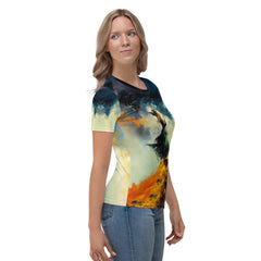 Stylish woman in a Mystic Moon Phases crew neck tee, capturing the mystical allure of the moon's journey.