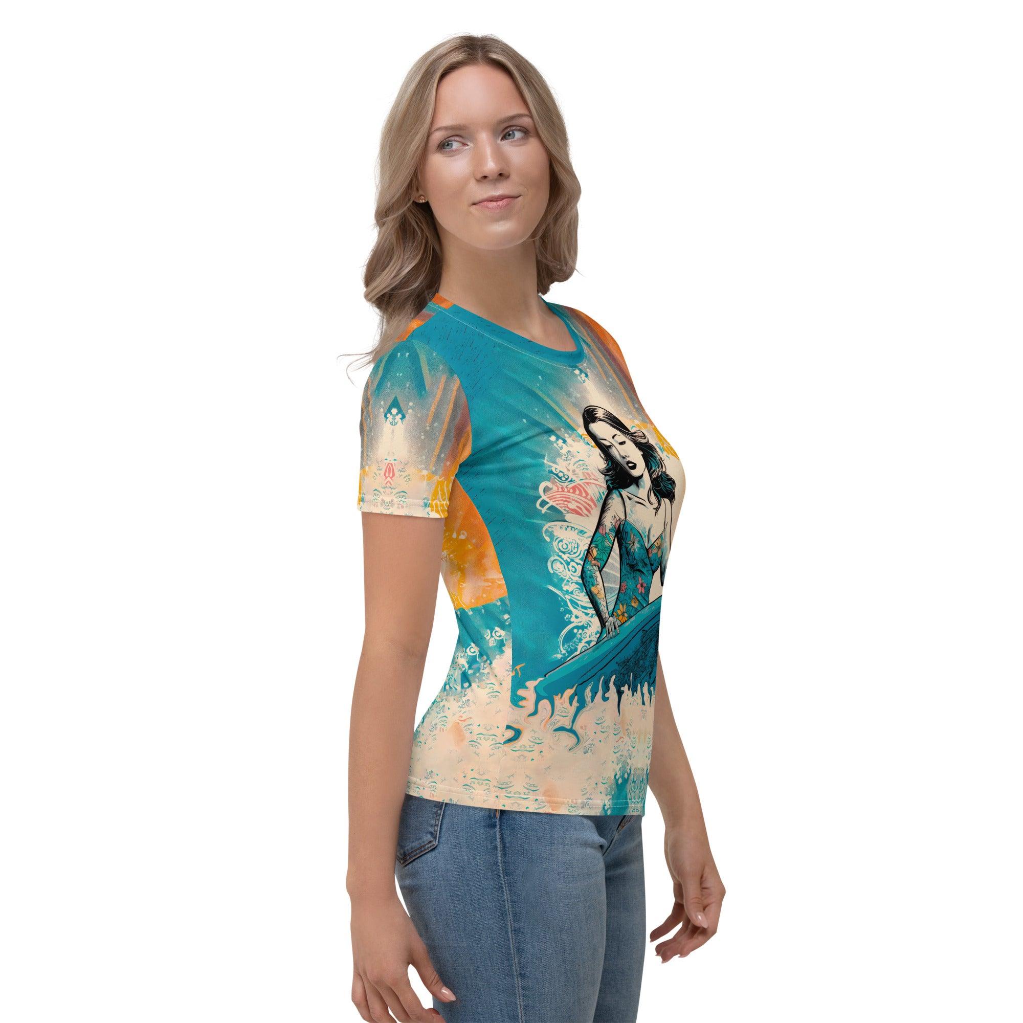 Surfing Bliss All-Over Print Women's Crew Neck T-Shirt Ride The Waves In Style - Beyond T-shirts