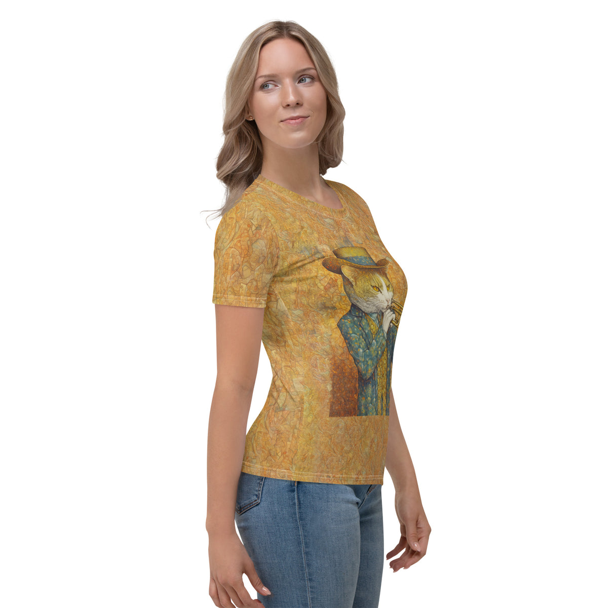 Elegant Feline All-Over Print Women's Crew Neck T-Shirt