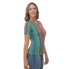 Rainbow Cascade Colorful Stripe All-Over Print Women's Crew Neck T-Shirt