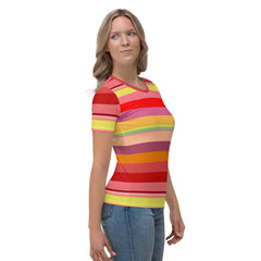 Electric Sunrise Colorful Stripe All-Over Print Women's Crew Neck T-Shirt