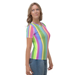 Woman wearing Sunset Horizon crew neck T-shirt with vibrant sunset design.