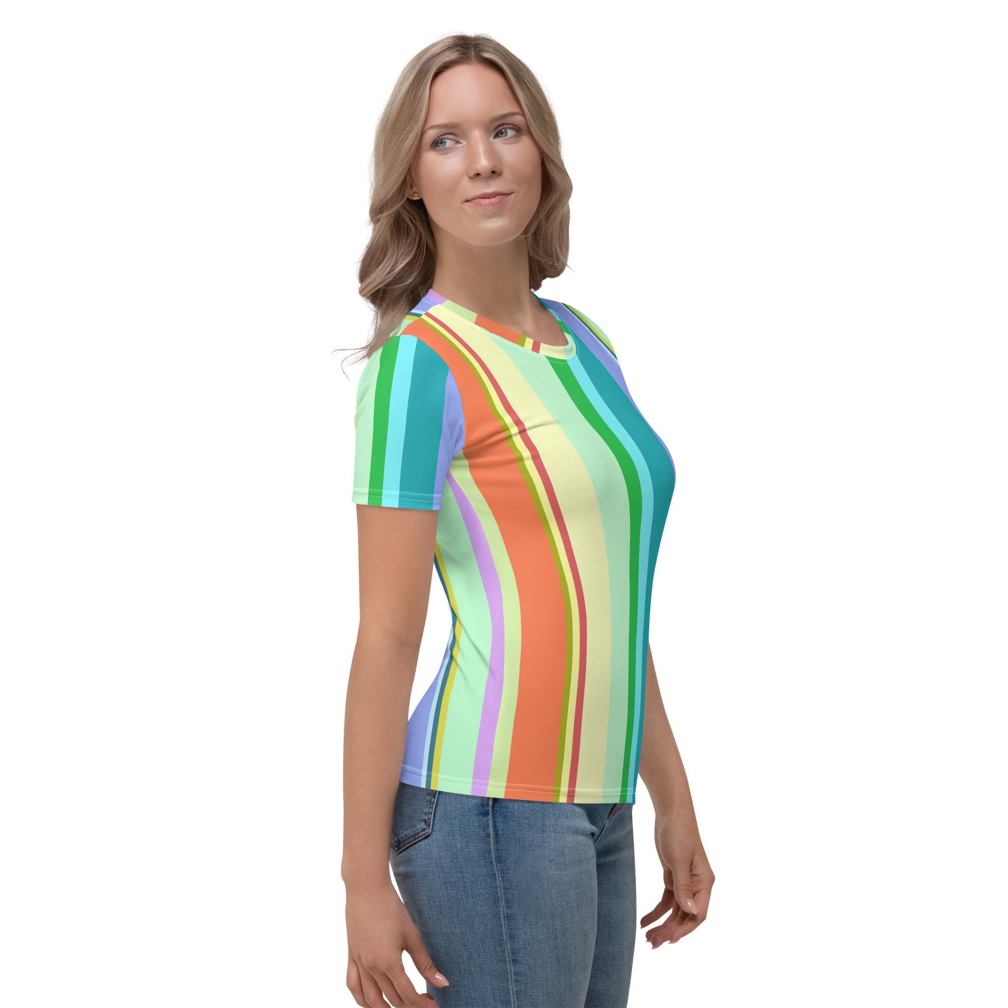 Candy Stripe Delight t-shirt, perfect for women's everyday fashion.