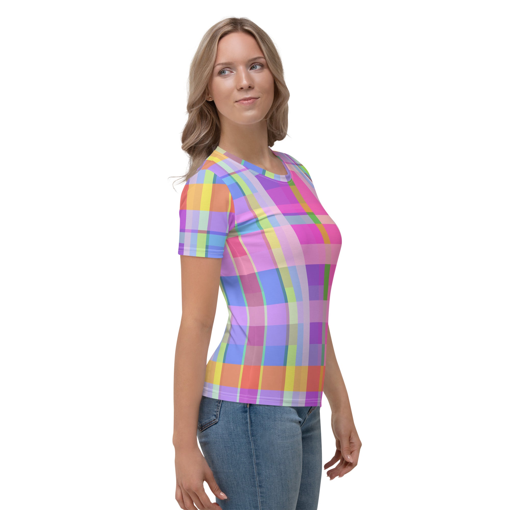 Vibrant Neon Burst Women's Crew Neck T-Shirt, featuring an explosion of neon colors for a standout look.