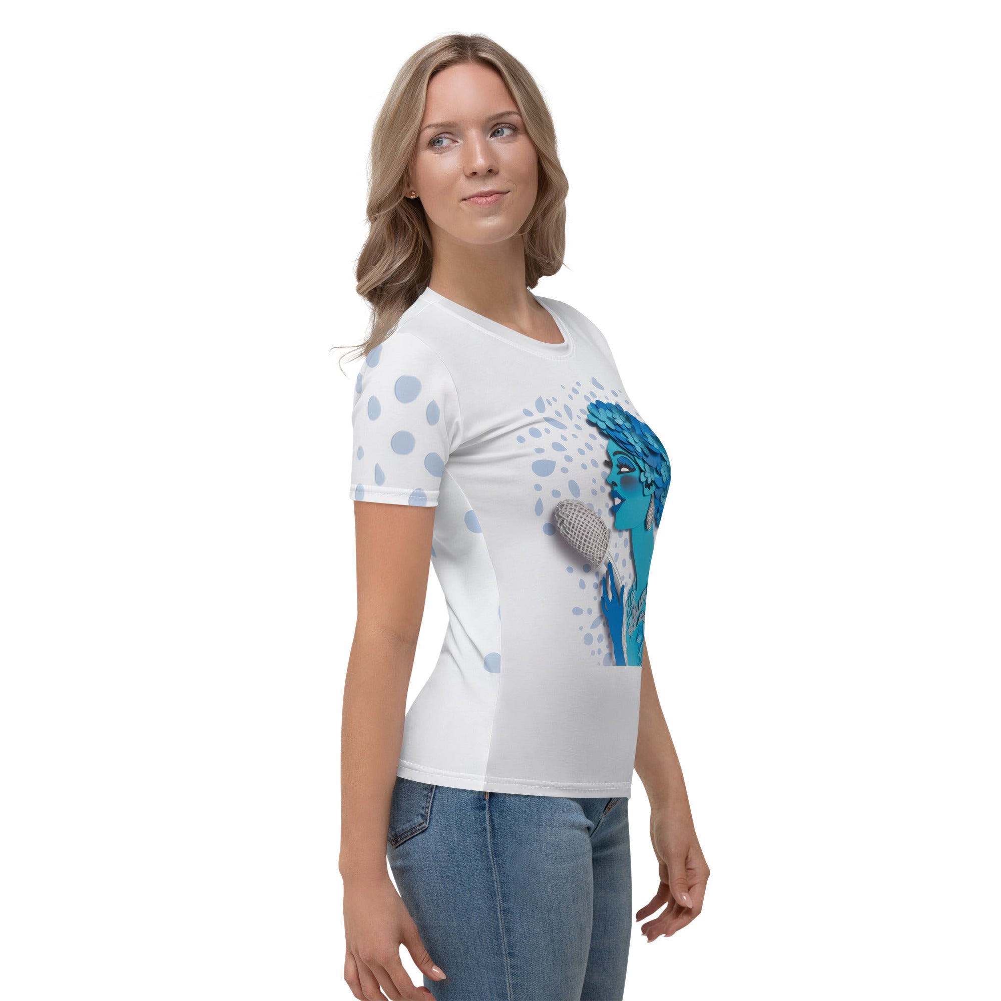 Stylish woman in Mountain Majesty t-shirt enjoying the outdoors