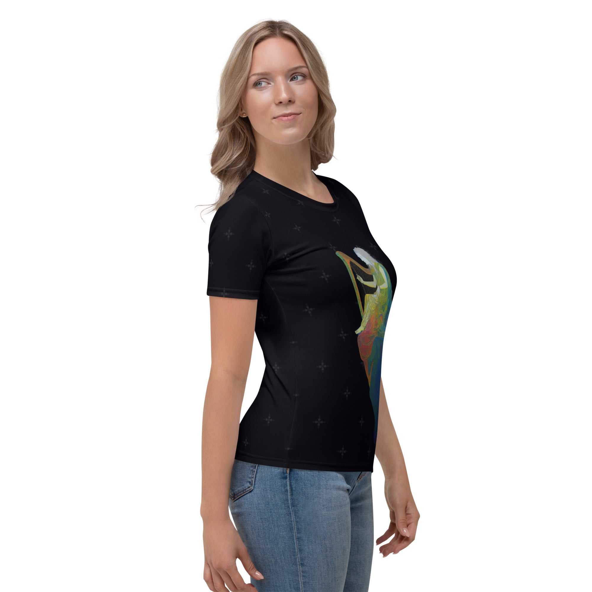 Folded Petal Power Women's Crewneck Tee on a wooden surface.