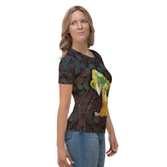 Sunflower Serenade Women's Crew Neck T-Shirt on a clothing rack.