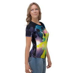 Flower Power Women's Crew Neck T-Shirt displayed on a clothing rack.