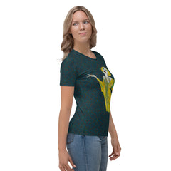 Mystic Meadow Women's Crew Neck T-Shirt on a clothing rack.