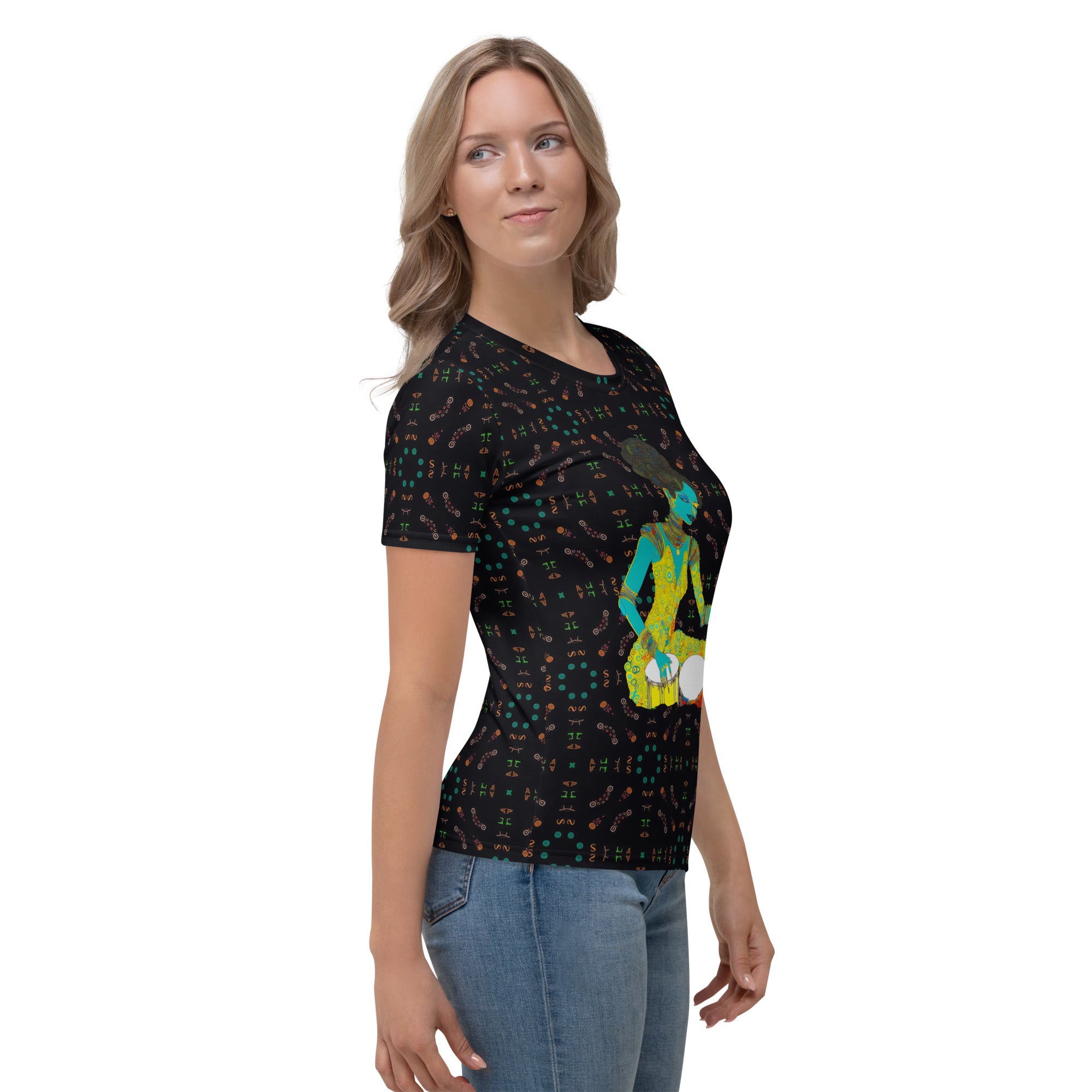 Botanical Peace Bliss Women's Crew Neck T-Shirt displayed on a clothing rack.