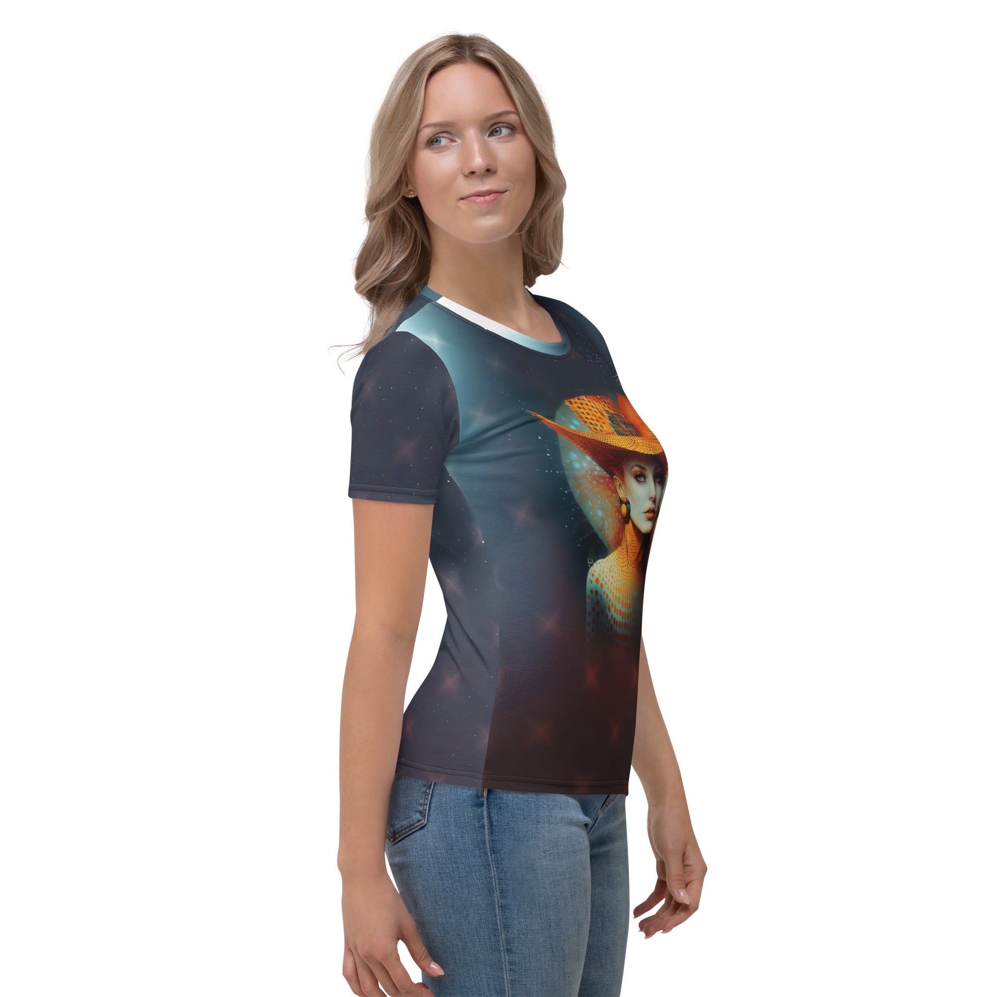 Galactic Fusion Women's Crew Neck T-Shirt - Vibrant Galaxy Pattern