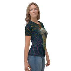 Star-inspired design on women's Galactic Glam crewneck tee.