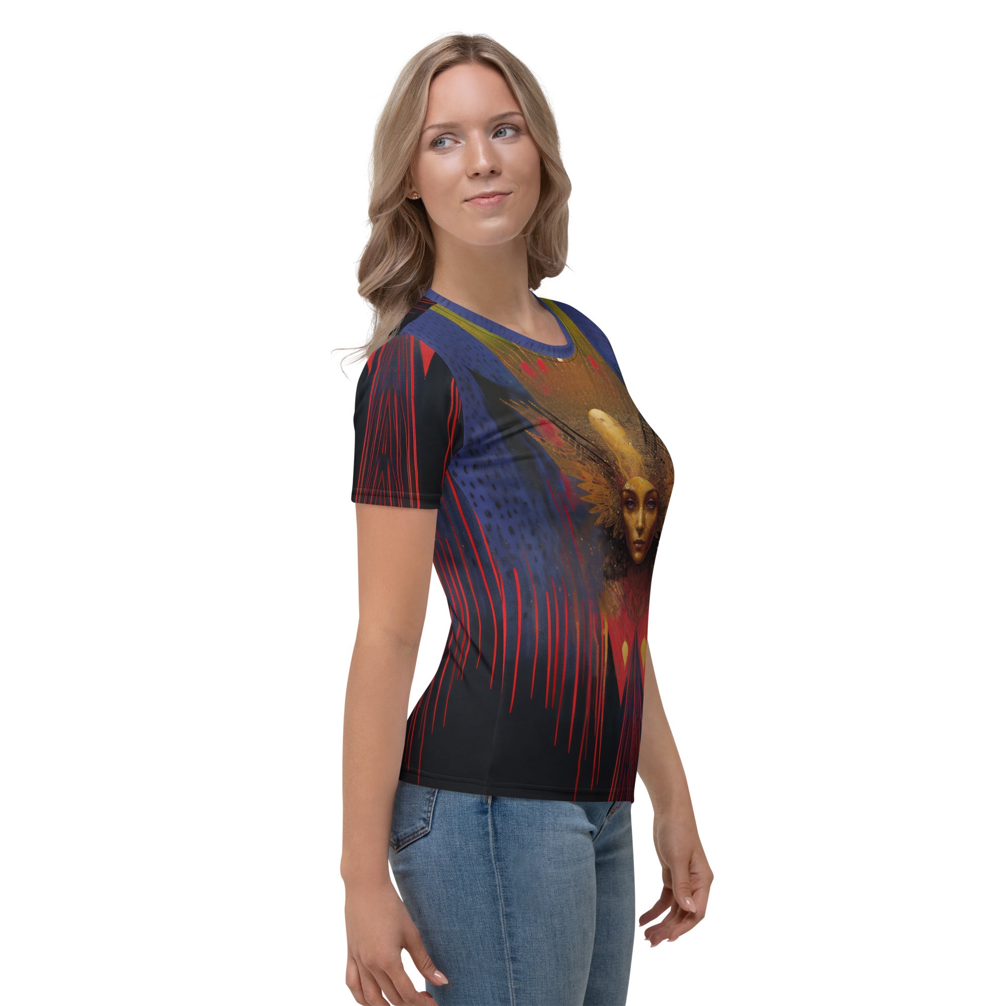 Bohemian-inspired women's crewneck tee, vibrant patterns.