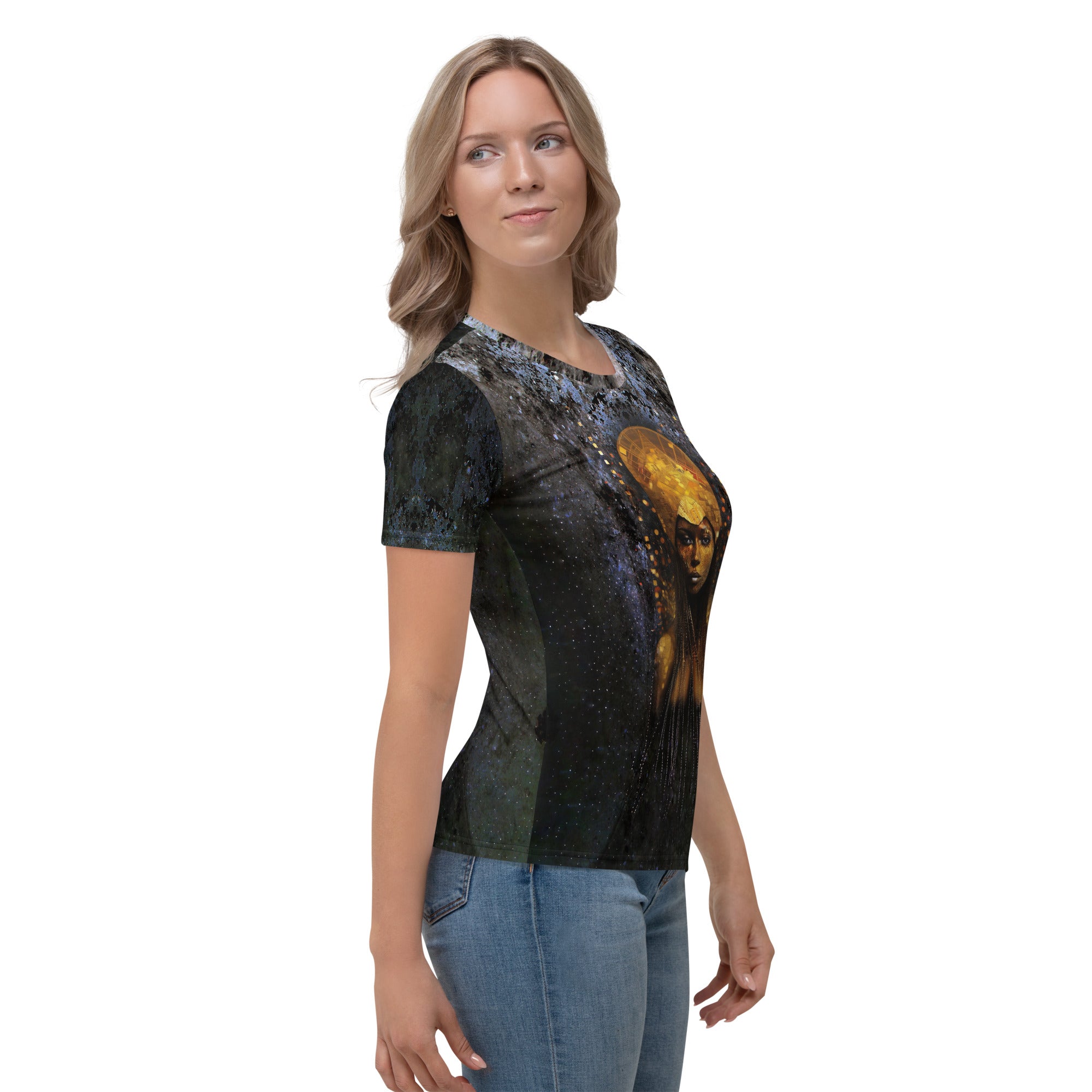 Fashionable female in vibrant Abstract Artistry crewneck tee