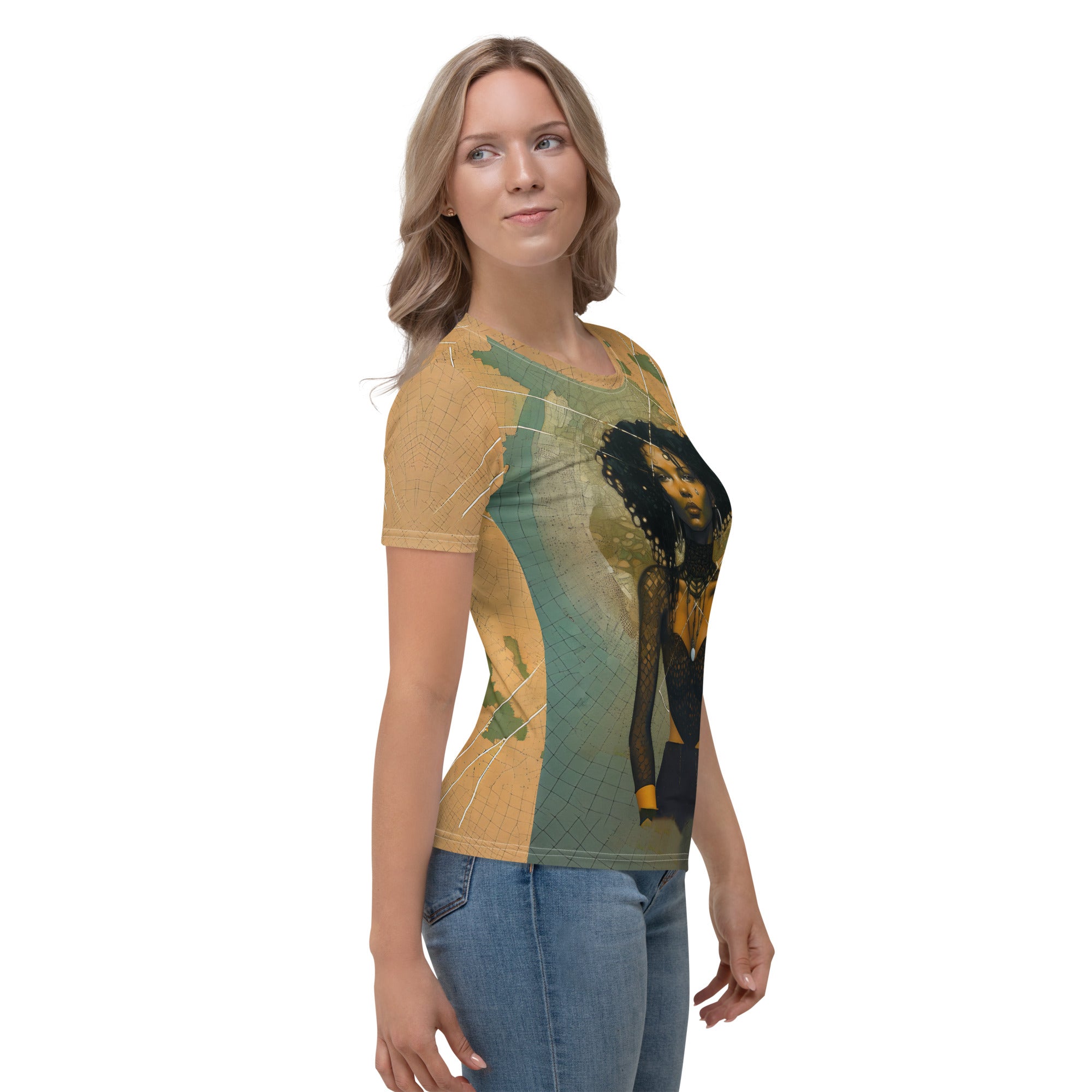 Stylish woman outdoors wearing Serene Sunset Women's Crewneck Tee.