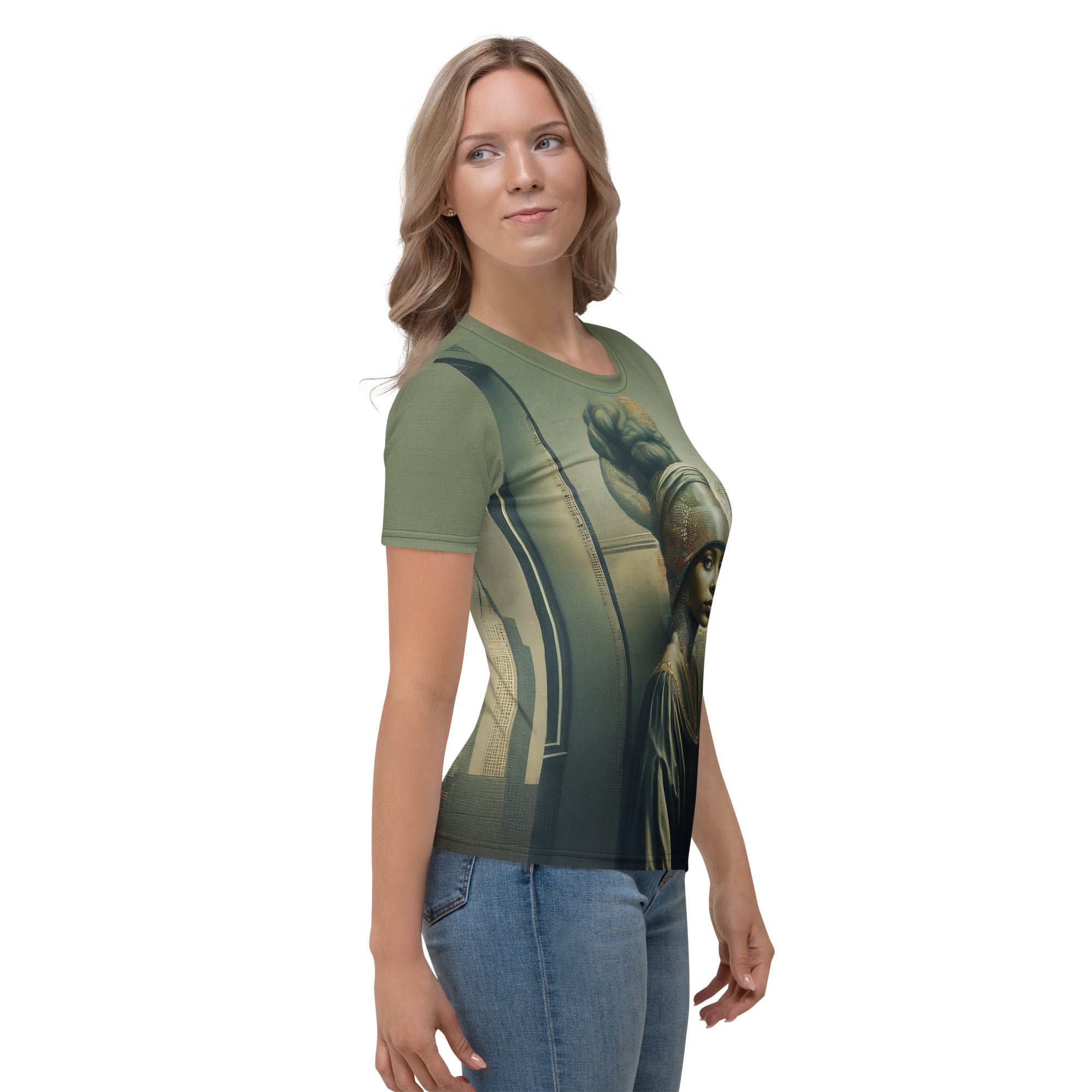 Elegant Urban Serenity Beyond Style women's crew neck in urban setting.