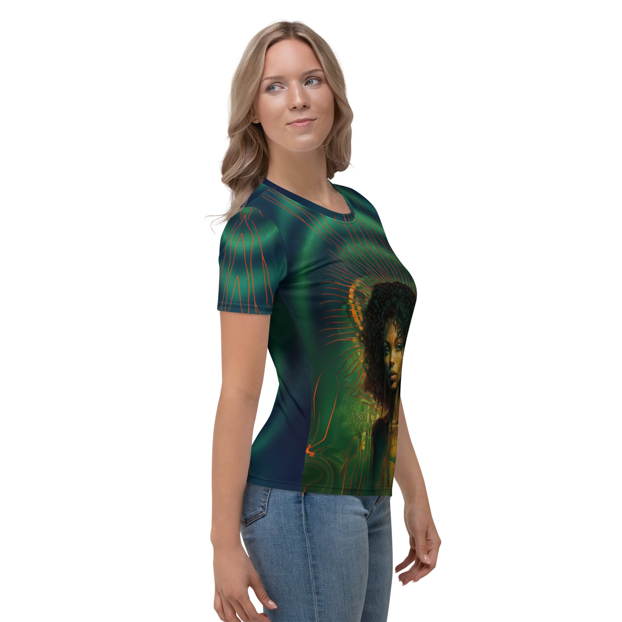 Stylish Women's Crewneck Tee with Electric Energy design.