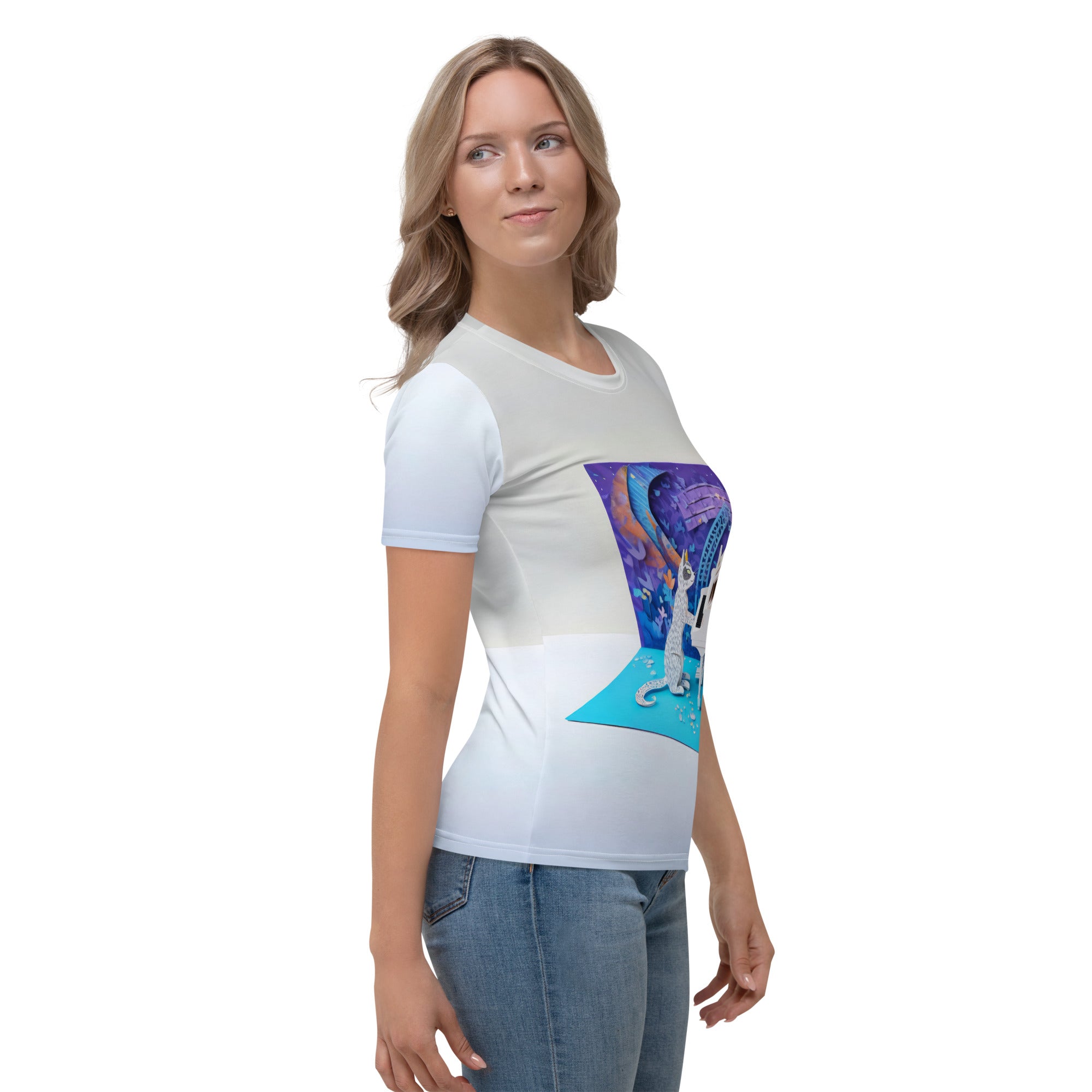 Women's crew neck T-Shirt with peaceful Zen garden design.