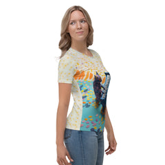 Women's crew neck T-shirt with tropical parrot design.