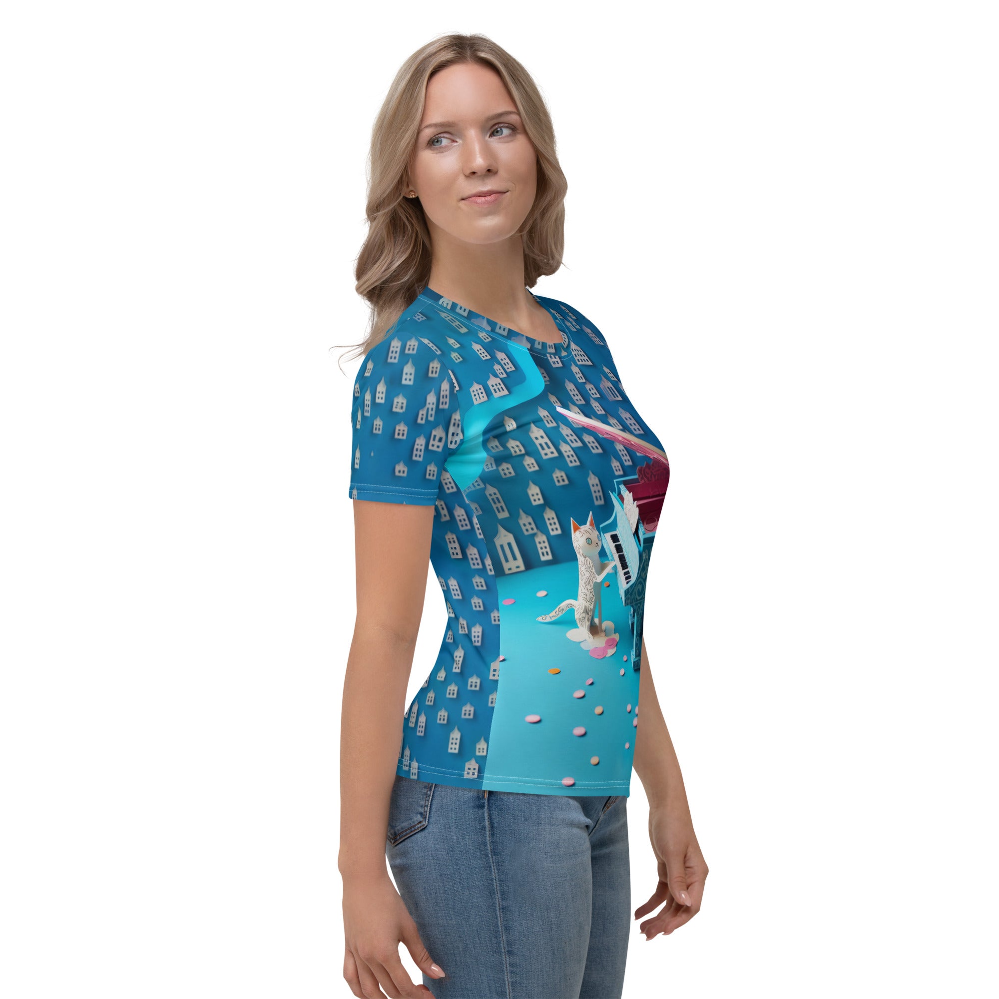 Women's T-shirt with graceful cat and moonlit sky design.